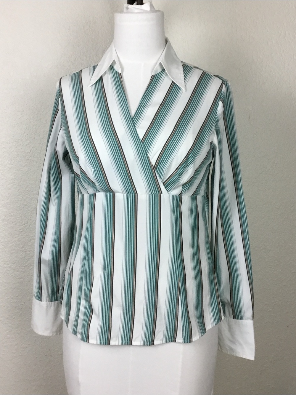 Striped Wrap-Front Long Sleeve Blouse - White & Teal